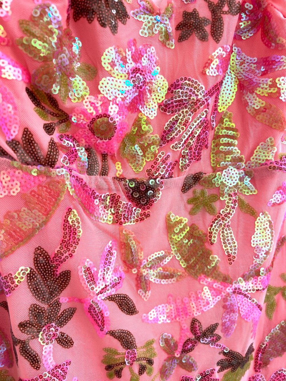 Lulus Neon Coral Pink Iridescent Sequin Floral Halter Backless Mini Dress M NWT - Picture 5 of 12